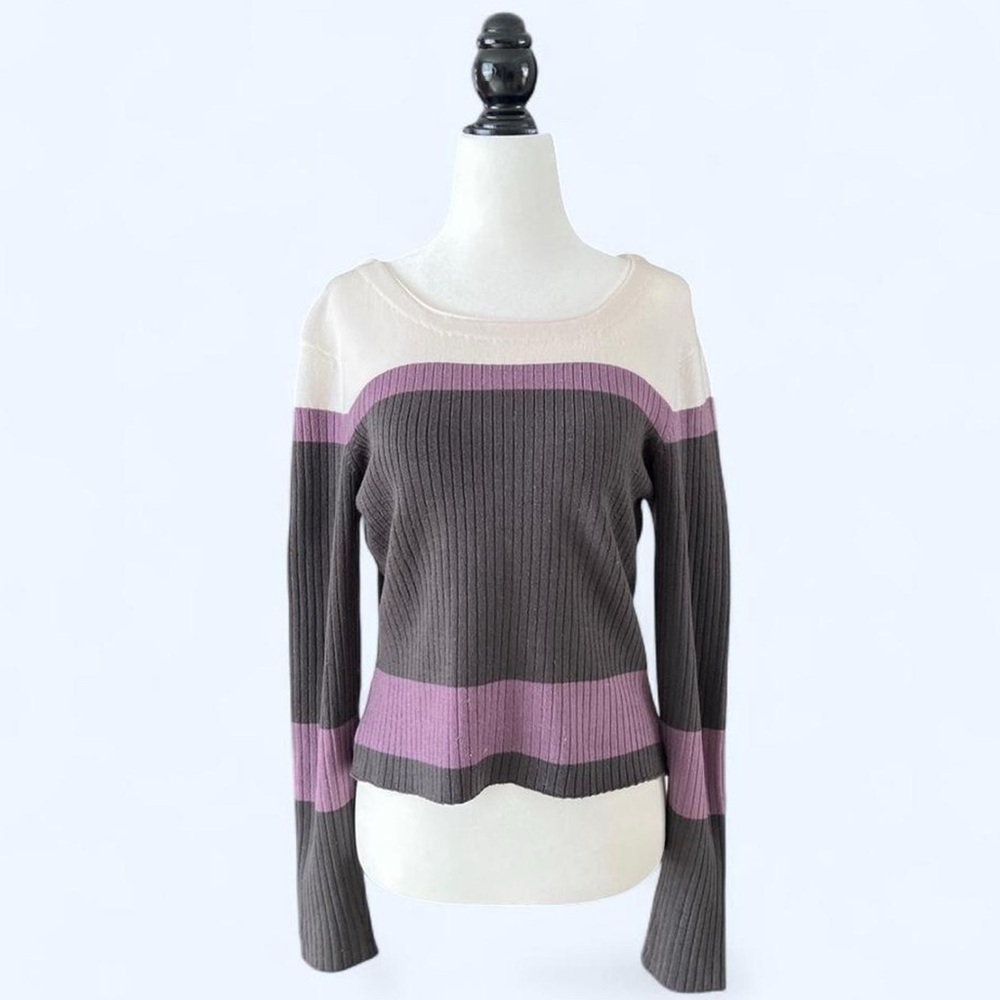 Accomplice Womens Grey Purple Striped Ribbed Long Sleeve Scoop Neck Sweater